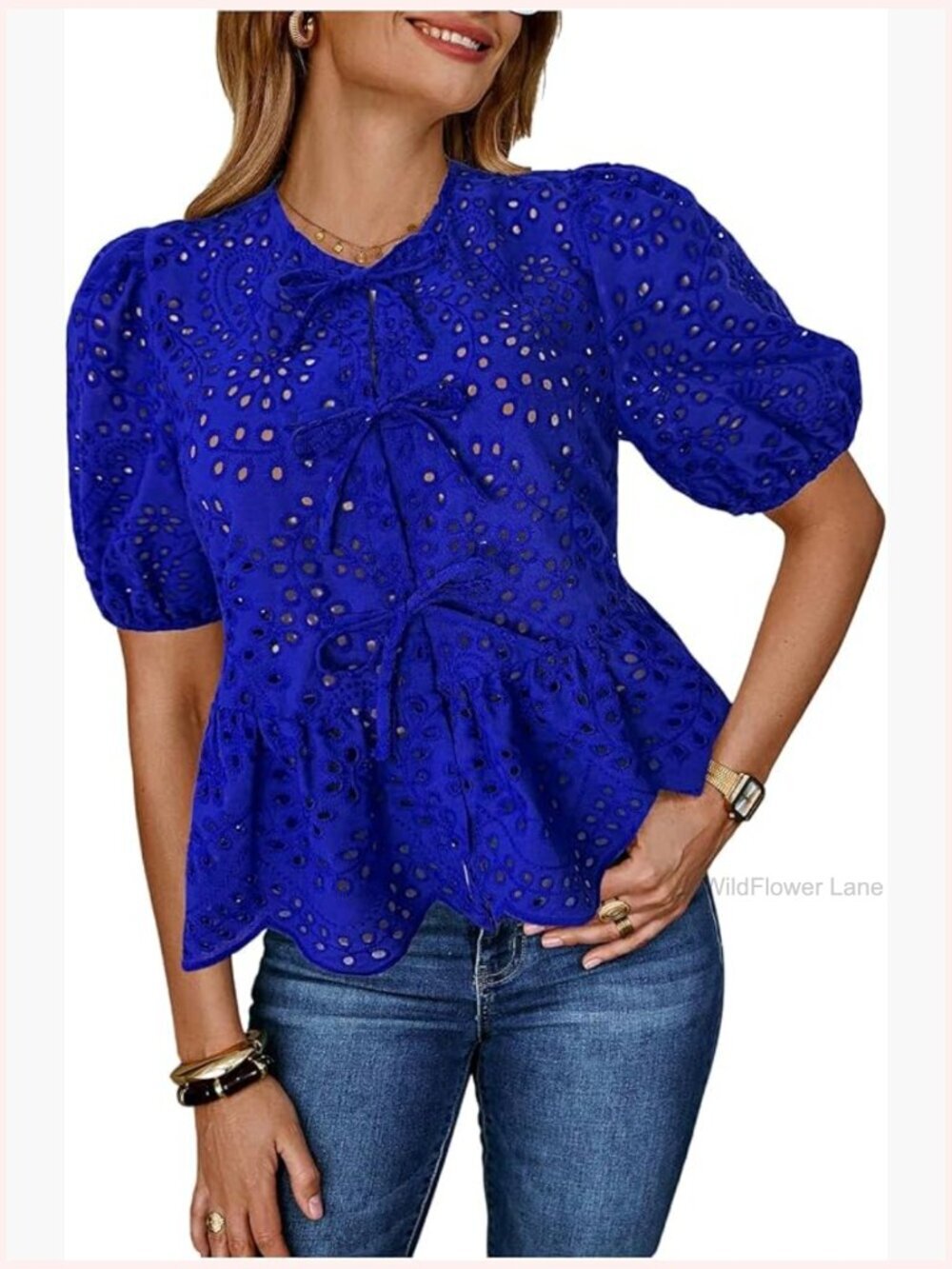Short Puff Sleeve Eyelet Blouse Bow Tie Front Hollow Out Peplum Top